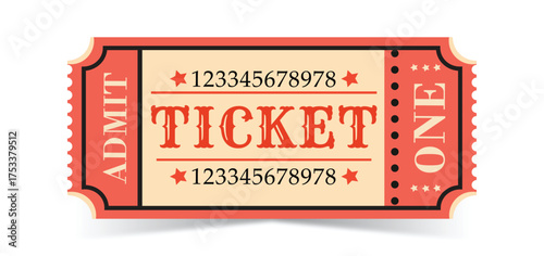 Vintage style red admission ticket with numbered stubs
