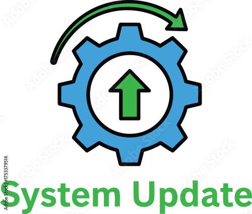 System update graphic with rotating gear and upward pointing arrow