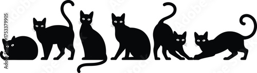Black cat silhouette poses vector illustration for Halloween decoration template