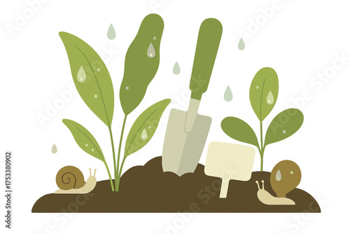 Garden planting scene with sprouts trowel snails and water drops