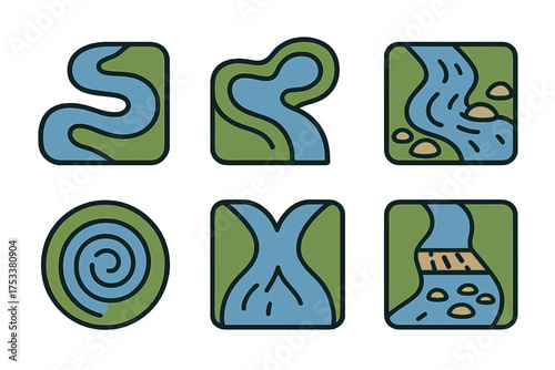 Stylized icons representing river and water flow in various landscape settings