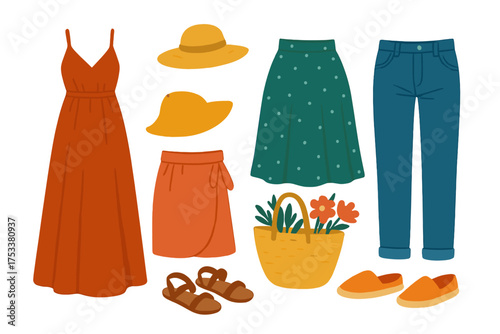 Casual summer women's apparel and accessories flat lay arrangement