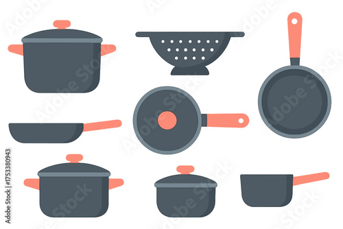 Assortment of dark gray cooking pots pans and colander set