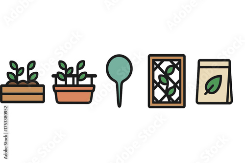 Set of stylized icons for gardening tasks including seedlings, planter, dropper, and seed packet