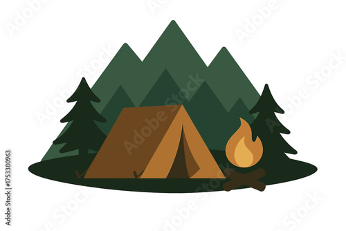 Campsite with tent and campfire against dramatic mountain range