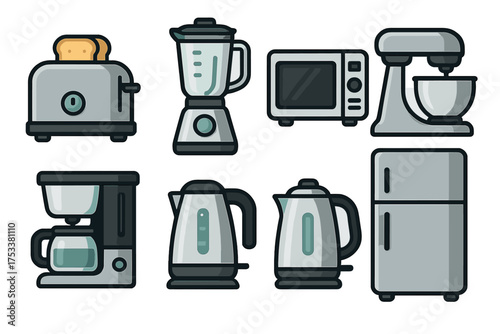 Modern kitchen appliance icons featuring thick outline style