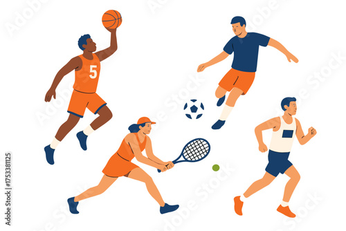 Diverse athletes playing basketball soccer tennis and running outdoors