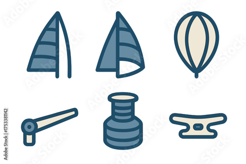 Set of nautical and travel symbols featuring sails, hot air balloon, cleat, and inkwell
