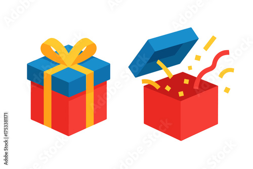 Isometric gift box icons with ribbon and confetti explosion