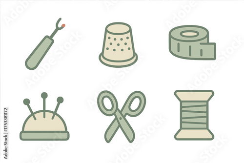 Essential sewing and tailoring tools icons in muted color palette