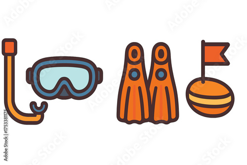 Snorkeling and diving equipment icons featuring mask fins and safety buoy