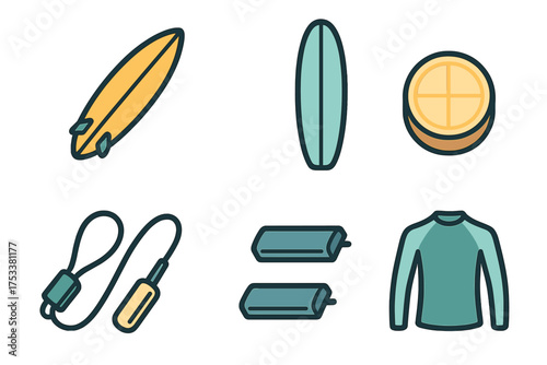 Various surfing and fitness equipment icons for summer sports and exercise