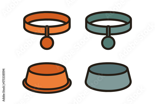 Assortment of pet collars with identification tags and feeding bowls