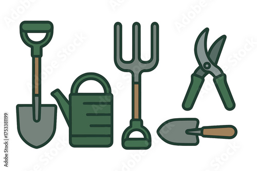 Essential gardening tools including shovel pitchfork and pruning shears