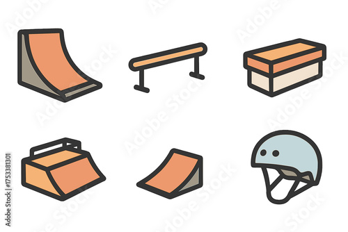Isometric icons of skatepark obstacles and protective sports helmet