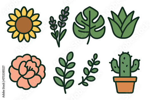 Stylized colorful botanical icons depicting various flowers and healthy green plants