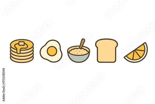Collection of breakfast food icons: pancakes, fried egg, cereal, toast, and orange slice