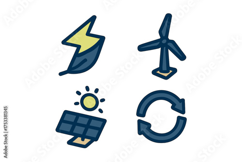 Four icons representing renewable energy and sustainability concepts