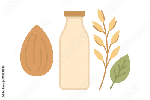Almond and oat milk ingredients with plant beverage container