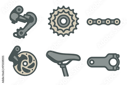 Bicycle components icons featuring derailleur cassette chain and saddle