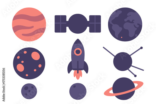 Stylized celestial bodies and space exploration icons set