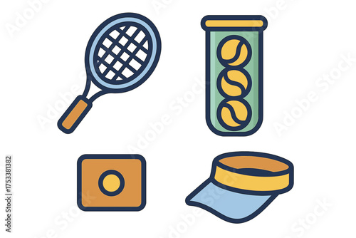 Stylized icons of tennis sport equipment featuring racket, balls, and visor