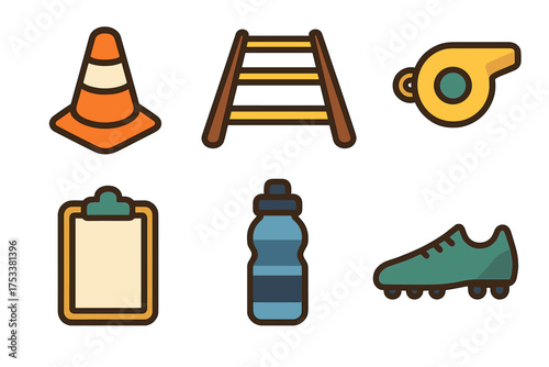 Set of sports training and coaching equipment icons including cone ladder whistle and cleat
