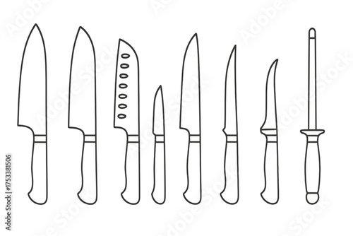 Outline icons of various kitchen knives and sharpening steel tools