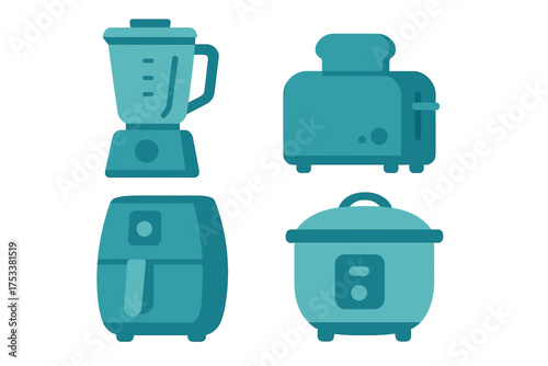 Modern kitchen equipment icons featuring blender, toaster, air fryer, and rice cooker