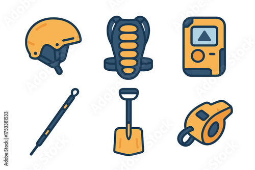 Essential avalanche safety equipment icons for winter sports and backcountry travel