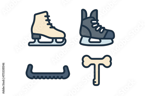 Ice skating equipment icons featuring figure and hockey skates with blade guards
