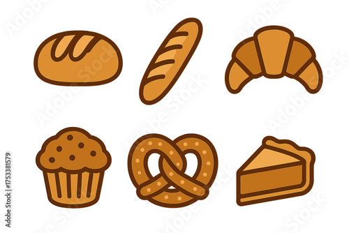 Set of stylized icons representing assorted baked goods like bread, croissant, and muffin