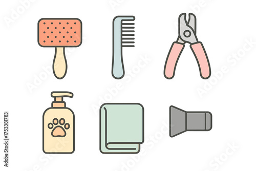 Set of essential pet care and grooming tools featuring brush comb clippers shampoo and towel icons