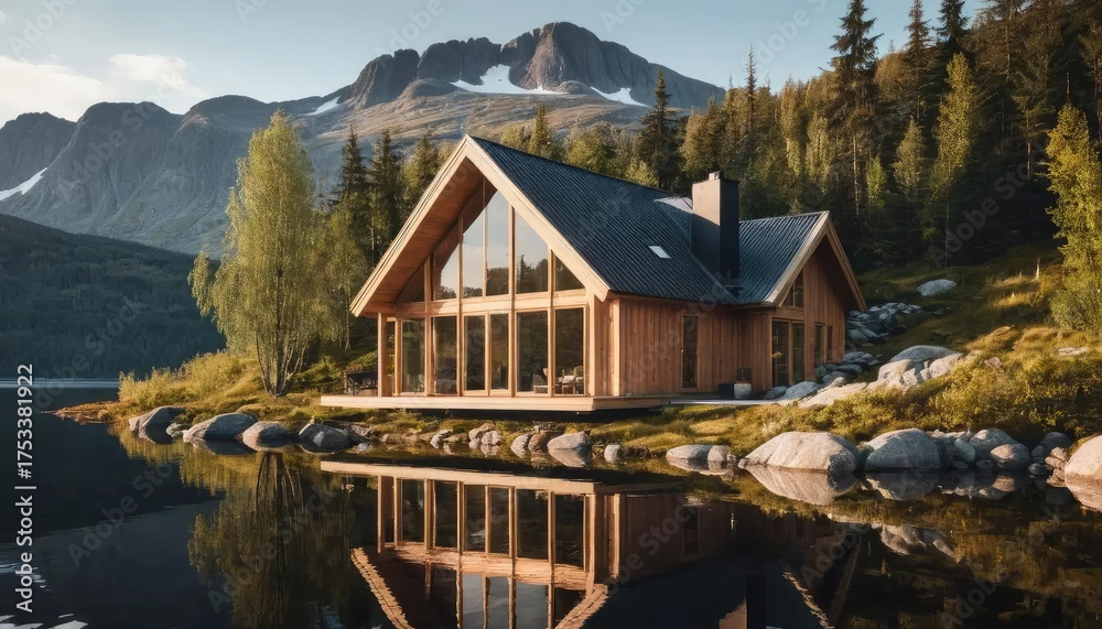 Fototapeta premium A cozy wooden cabin sits peacefully by a tranquil lake, surrounded by mountains.