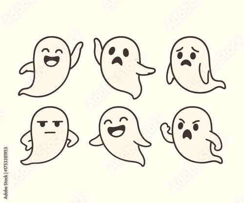 A set of cute cartoon ghost characters with various facial expression and emotions. Perfect for Halloween, emoji packs, stickers, and mascot design