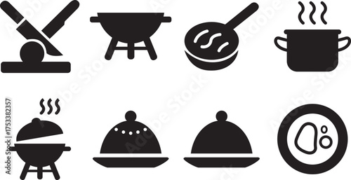 Solid black color kitchen and cooking icon set. knife , pot, pan, stove etc icon vector art.