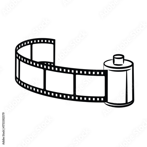 Classic 35mm film roll with perforations and a canister on white background
