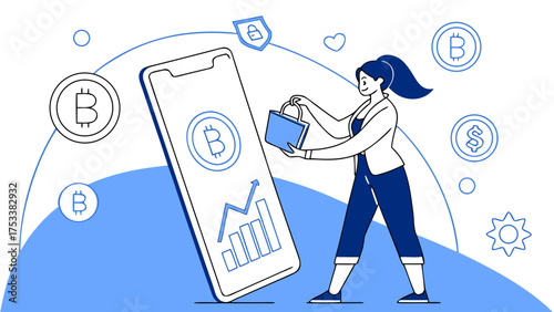Woman managing cryptocurrency investment using mobile app and digital wallet