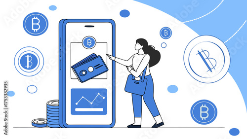 Woman using smartphone to manage cryptocurrency payments and digital transactions