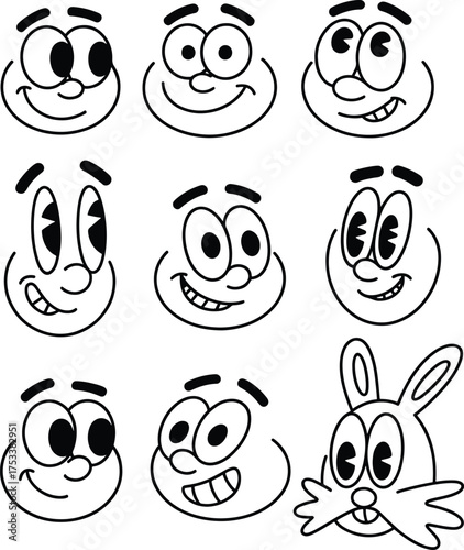 Cartoon Faces Emoticons Set Retro Animation Style Black and White Line