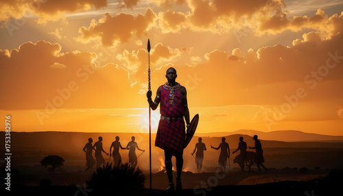 Maasai warrior in traditional attire holding a spear at sunset, Traditional rituals of the peoples of Africa, poster