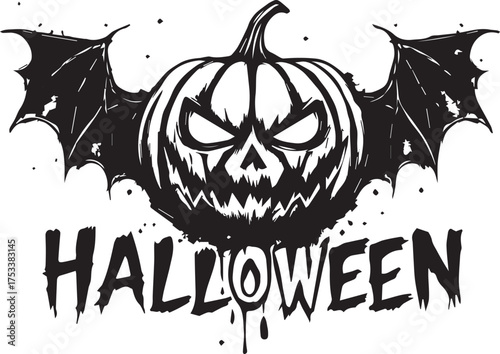 Halloween pumpkin with bat wings vector illustration for spooky, horror, and festive seasonal themes