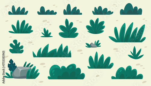 Vector Isolated Abstract Cartoon Bush Grass Stone in Cute Doodle Style for Children Books and Illustration