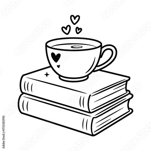 Cozy reading time with a heart decorated coffee cup on stacked books