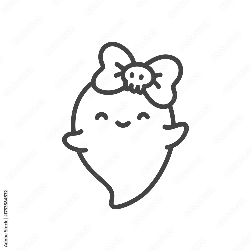 Obraz premium Cute girl ghost icon. Funny little ghost with a big bow and small skull detail. Monochrome doodle illustration isolated on white background. Kawaii halloween sticker. Vector 10 EPS.