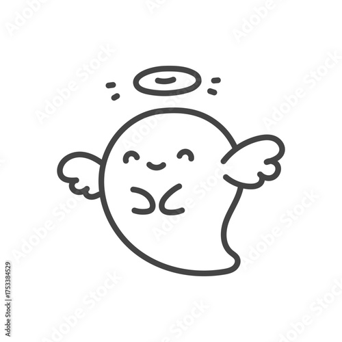 Cute angel ghost icon. Funny little ghost with angel wings and halo. Monochrome doodle illustration isolated on white background. Kawaii halloween sticker. Vector 10 EPS.