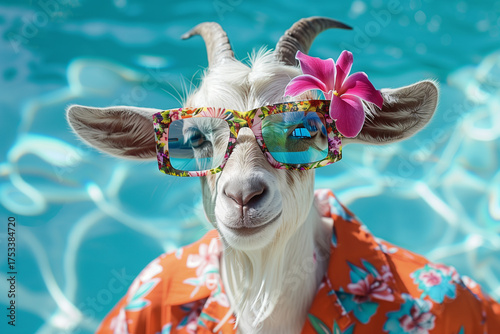 Funny goat in sunglasses and floral shirt near pool