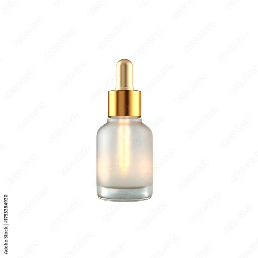 Naklejka premium Elegant frosted glass serum bottle with gold dropper cap, perfect for luxury skincare and beauty product branding and advertising.