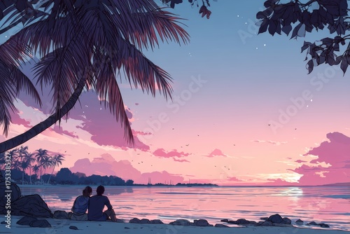 Couple watching sunset from tropical beach