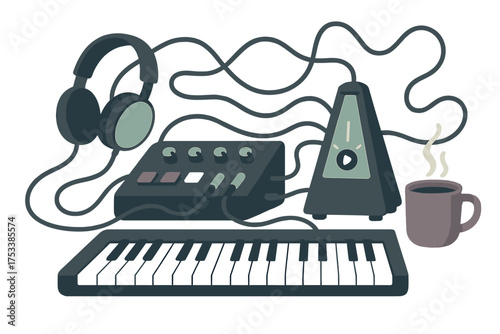 Music production setup with keyboard synthesizer mixer headphones and coffee